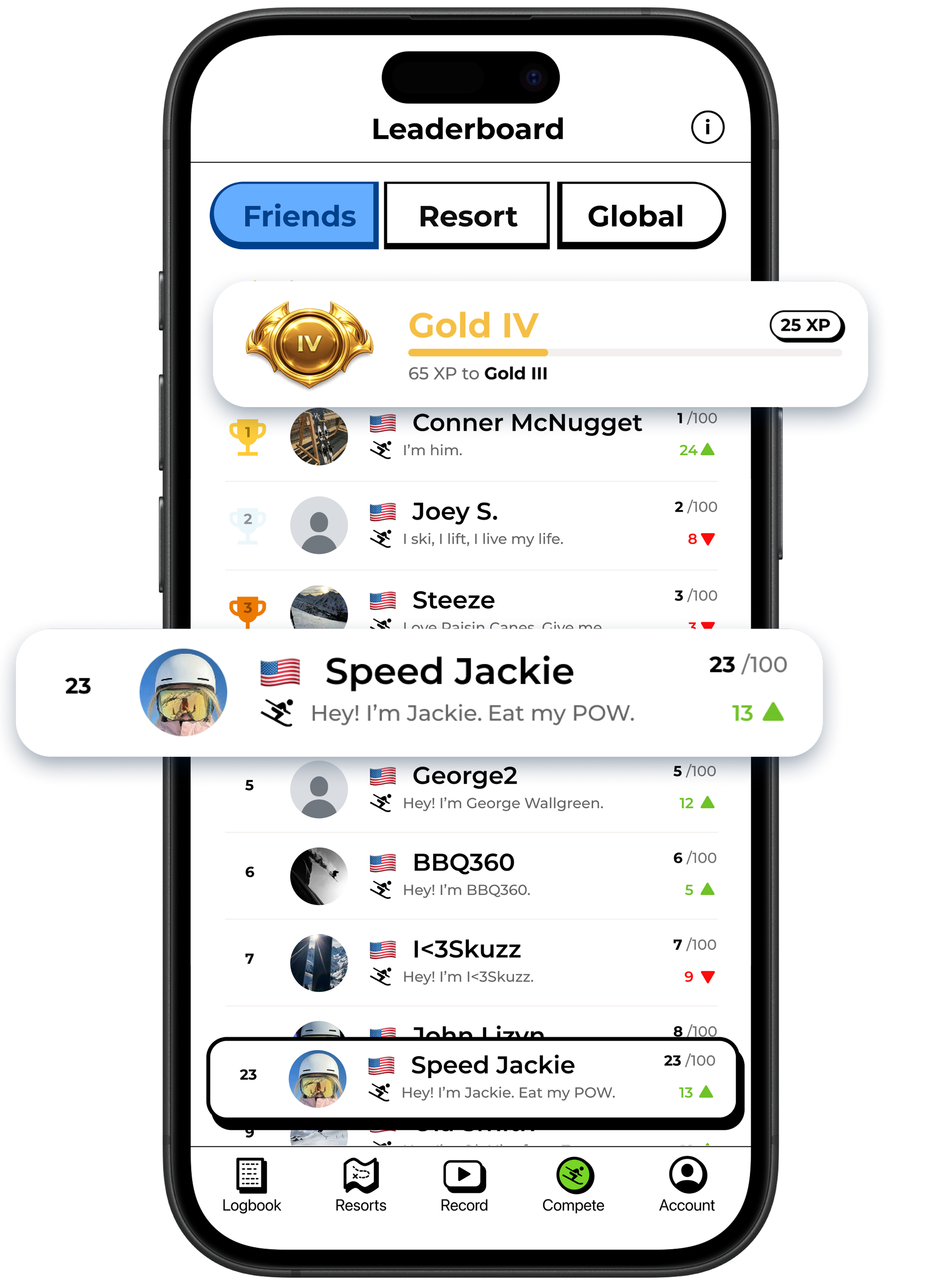 Steezy app showing leaderboard and stats
